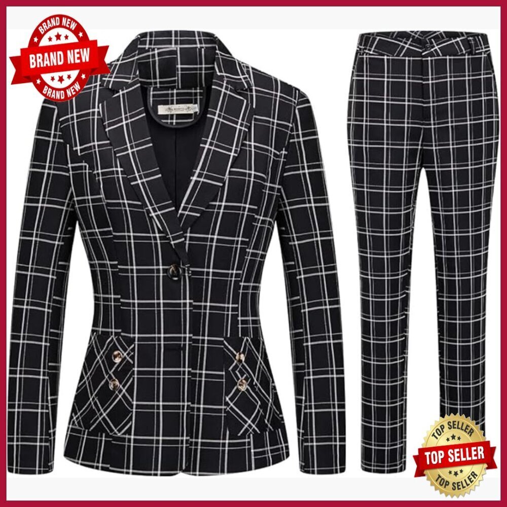 Women's Plaid Pantsuit Set Business Blazer Jacket Office Professional